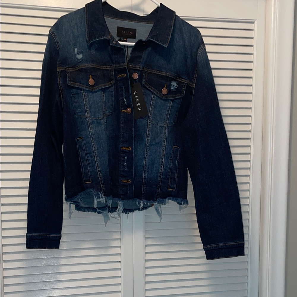 NWT! Risen Stylish Women's Dark Blue Distressed Jean Jacket, 1XL